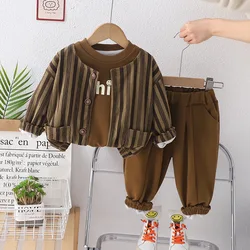 2024 Spring Autumn Kids Boys 3PCS Clothes Set Letter Pullovers Striped Pocket Coat Solid Pants Suit Toddler Boys Outfits