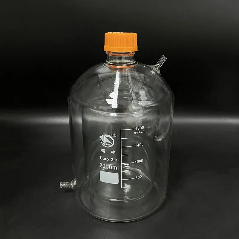 SHUNIU Double-deck cylindrical single-necked flat bottom flask, With Screw cap, Mezzanine jacketed reactor bottle,Reagent bottle