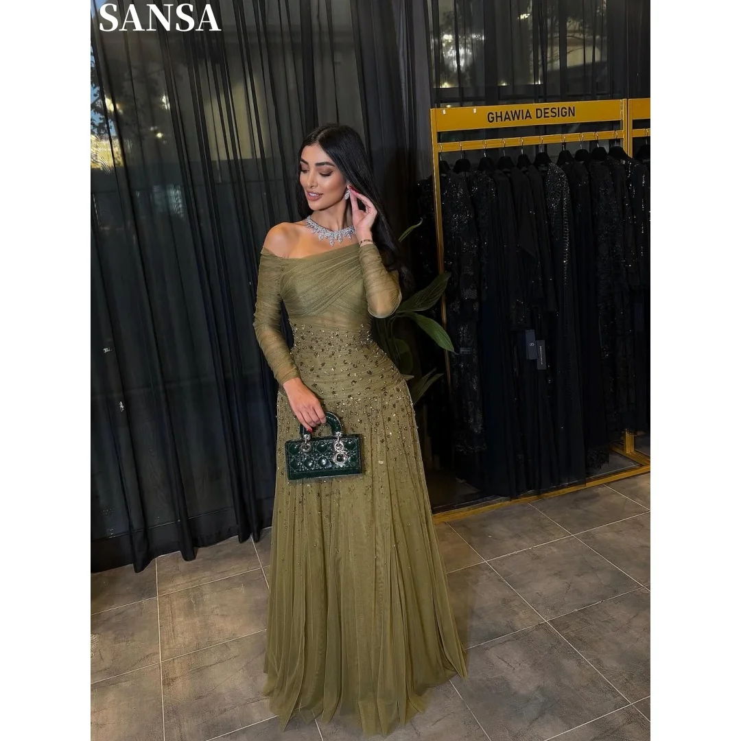 Sansa Customized Olive Modest Flared Off Shoulder Prom Dresses Glitter Stone Sheer Long Sleeve vestidos de noche Wedding Party 2