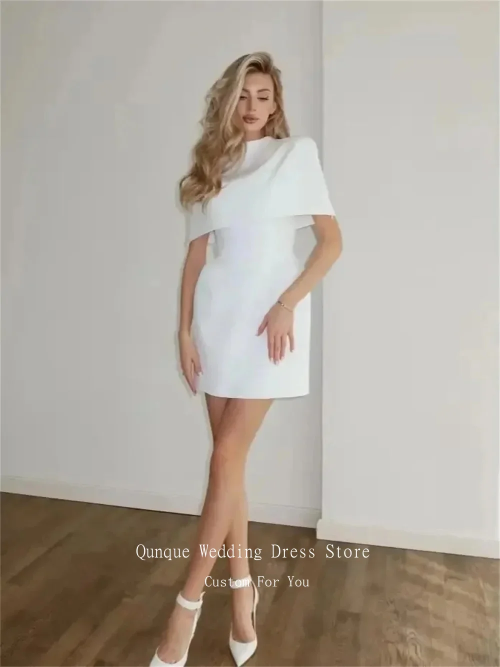 Qunque Stain Short Wedding Dresses O Neck Elegant With Shawl Lady Party Gown Mini Simple A Line Vestidos De Novia Customized