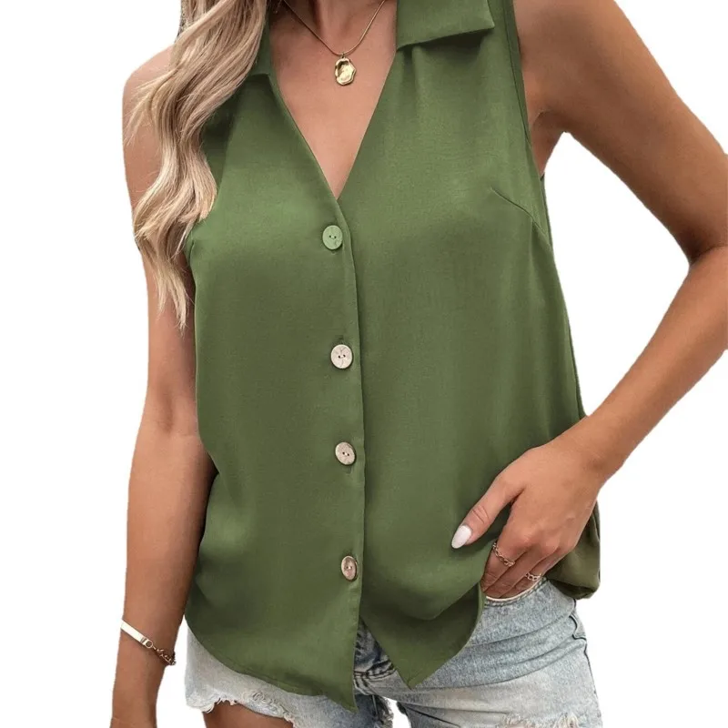 Summer Women's Sleeveless Shirt 2024 New Solid Color Lapel V-neck Loose Chiffon Shirt Elegant Twist Button Vest Blouse Ladies