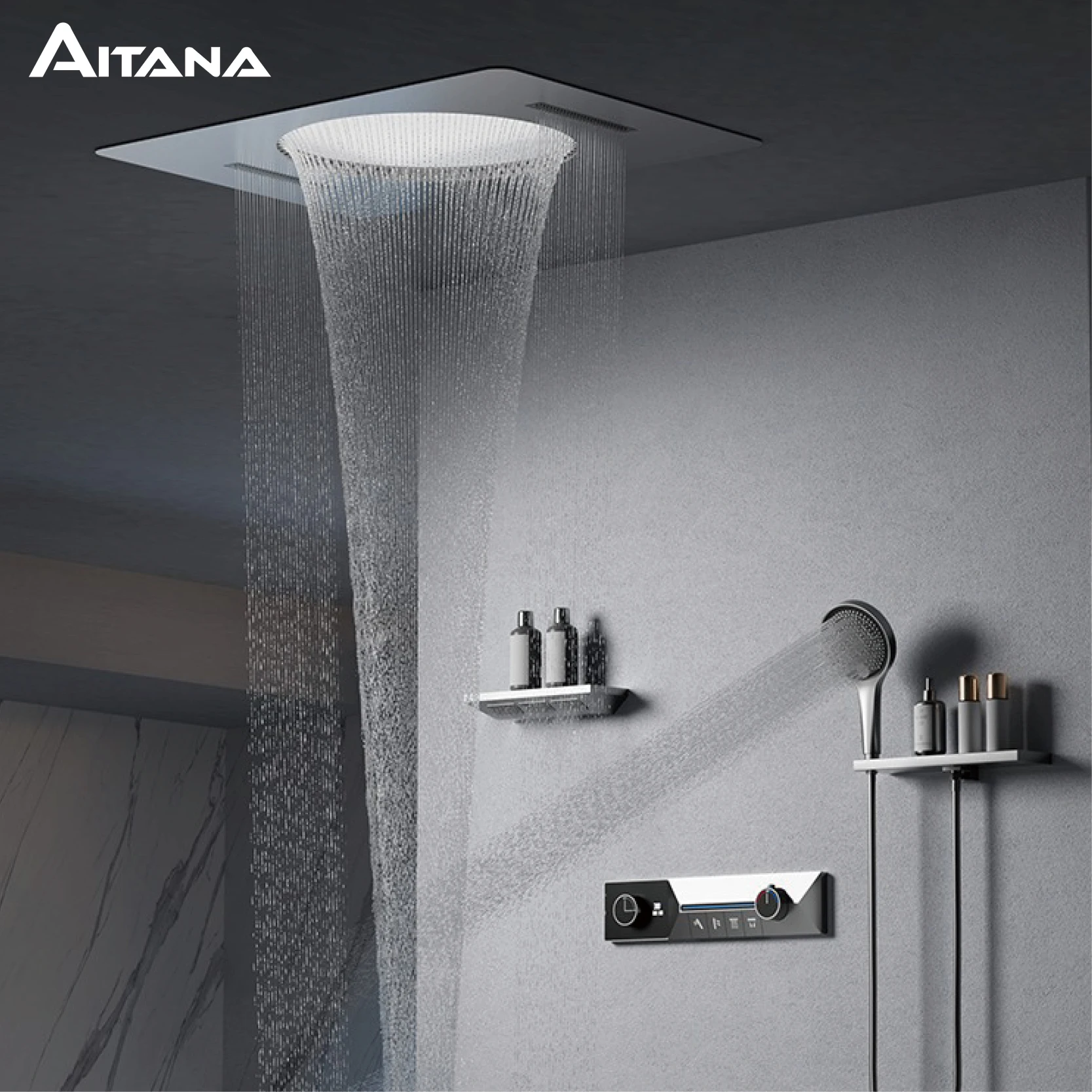 Enorme arma cinza latão teto temperatura constante sistema de chuveiro luz, display digital led embutido misturador do banheiro água fria e quente