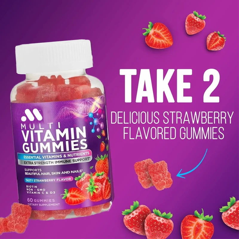 

Ежедневная витаминовая добавка gummie, иммунная Поддержка здоровья, содержит витамин A C, D, E, B6, B12, цинк, ягодный вкус-60 гранул