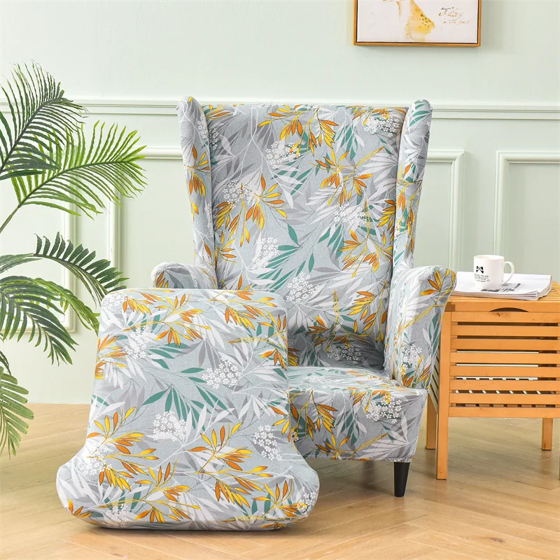 Elastic Printed High Back Chair Slipcover 2-Piece Form Single-seat Wing Armchair Cover