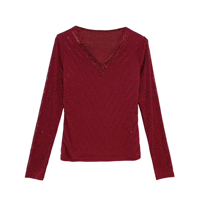 MadBlack-Women الأوروبي تي شيرت ، مثير الخامس الرقبة الماس الساخن ، الشارع الشهير كم طويل سليم S-3XL شبكة المحملة ، 2025 الخريف جديد T59740CC #5