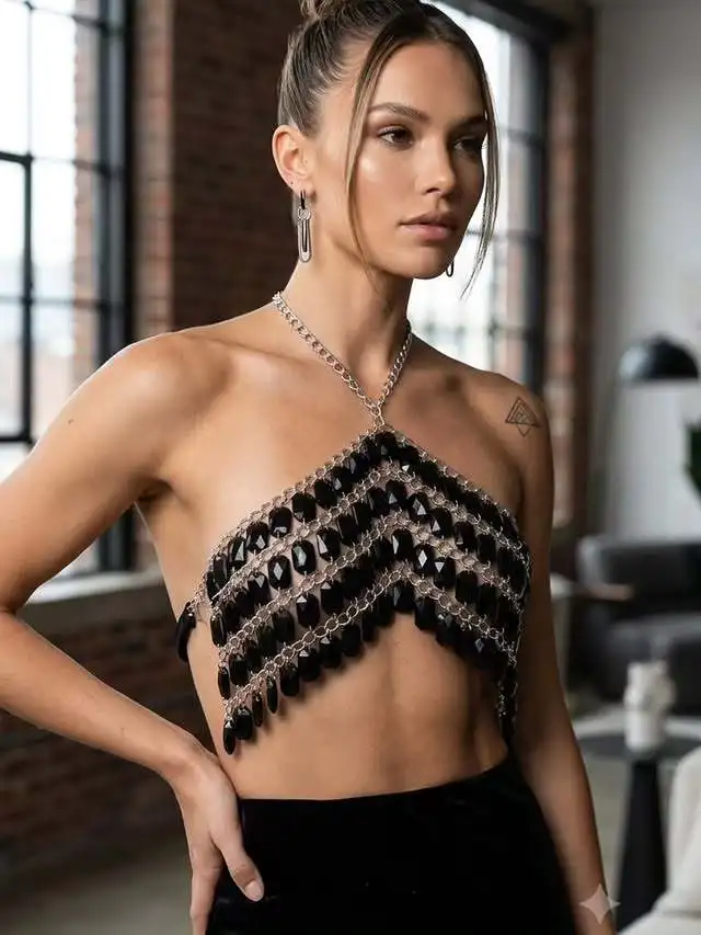 Halter Neck Kristallketten-Crop-Top Einheitsgröße Funkelndes Strass-Body-Top für Party, Club, Festival, Fotoshooting, Dropshipping – Detail 1