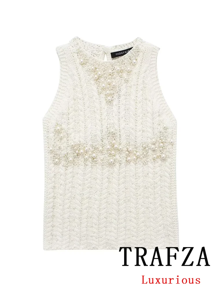 TRAFZA Vintage Casual Chic Women Tops Solid O-Neck Pearl Sleeveless Short Vest New Fashion 2024 Spring Summer Holiday Tops