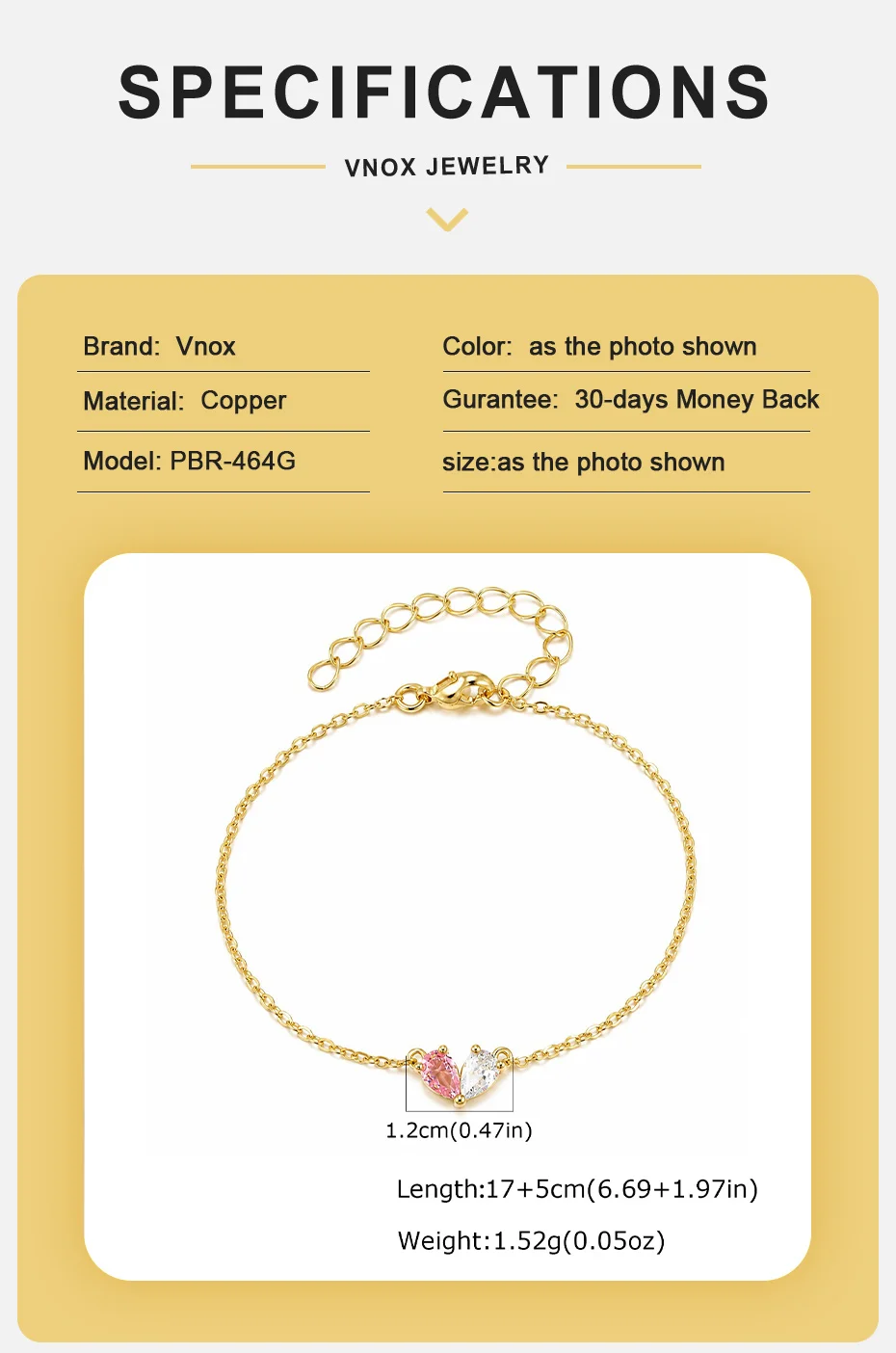 Vnox Luxus-Armband mit Herz-Anhänger, rosa, klar, AAA-Zirkonia, für Damen, vergoldet, süß, romantisch, Valentinstag, Hochzeit, Schmuck, Geschenke – Detail 4