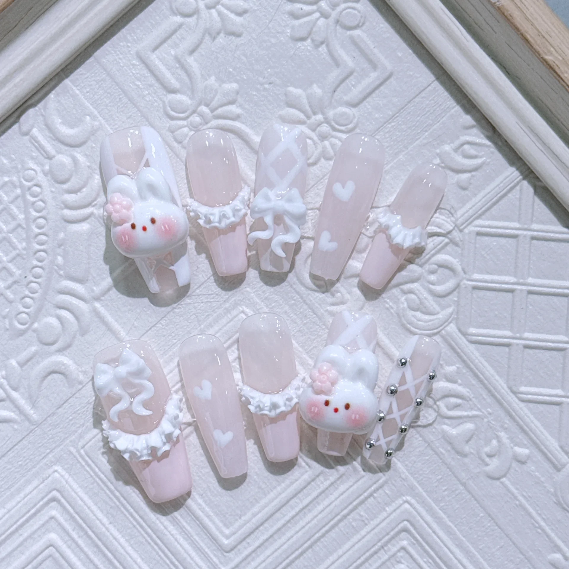 

Handmade Wearable Nails Removable Reusable Simple Sweet French Pink Girly Heart Skirt Shape Cute Rabbit Long Fake Nails
