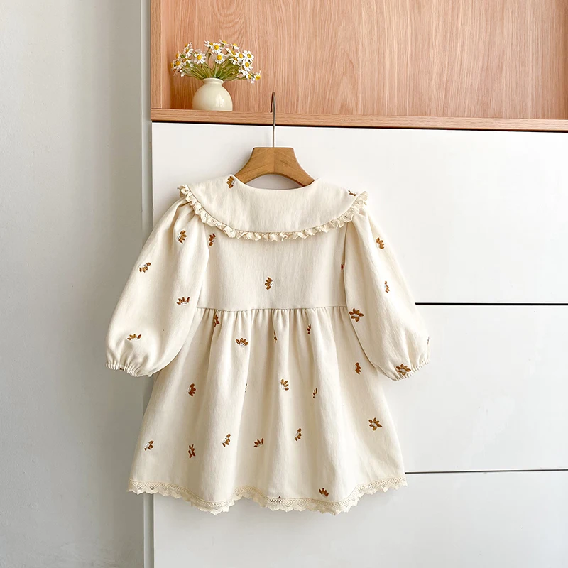2026 Baby-Mädchen-Kleid mit langen Ärmeln, koreanischer Stil, Kragen, Spitze, Blumenstickerei, Baumwolle, Kleinkind-Prinzessinnenkleid, Herbst-Kinderkleidung – Detail 6