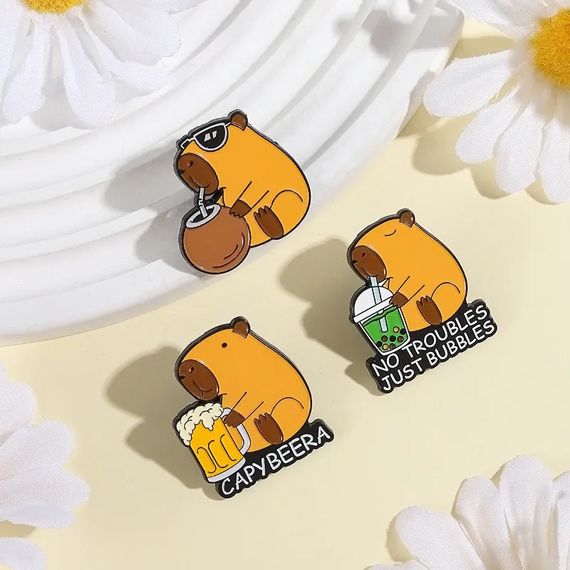 Cute Drinking Capybara Enamel Pins Kawaii Animal Badge Brooch for Jewelry Accessory