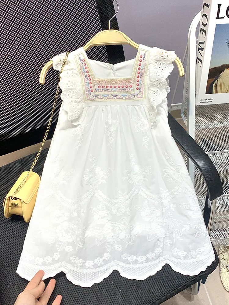 2024 Fashion White Lace Hollow Kids Girls Dress Short-sleeved  Princess Dress Children\'s Embroidered  Dresses