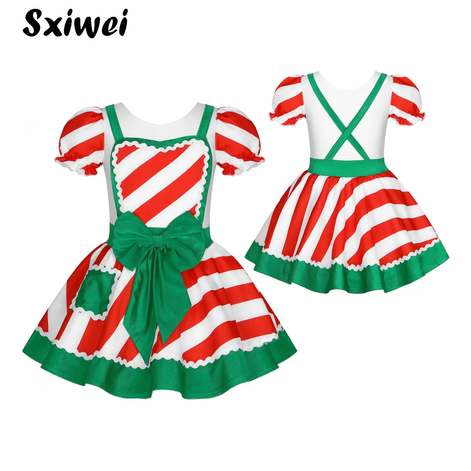

Kids Girls Christmas Mrs Santa Claus Costume Candy Cane Striped Princess Dress Xmas Party Figure Skating Ballet Tutu Dance Dress