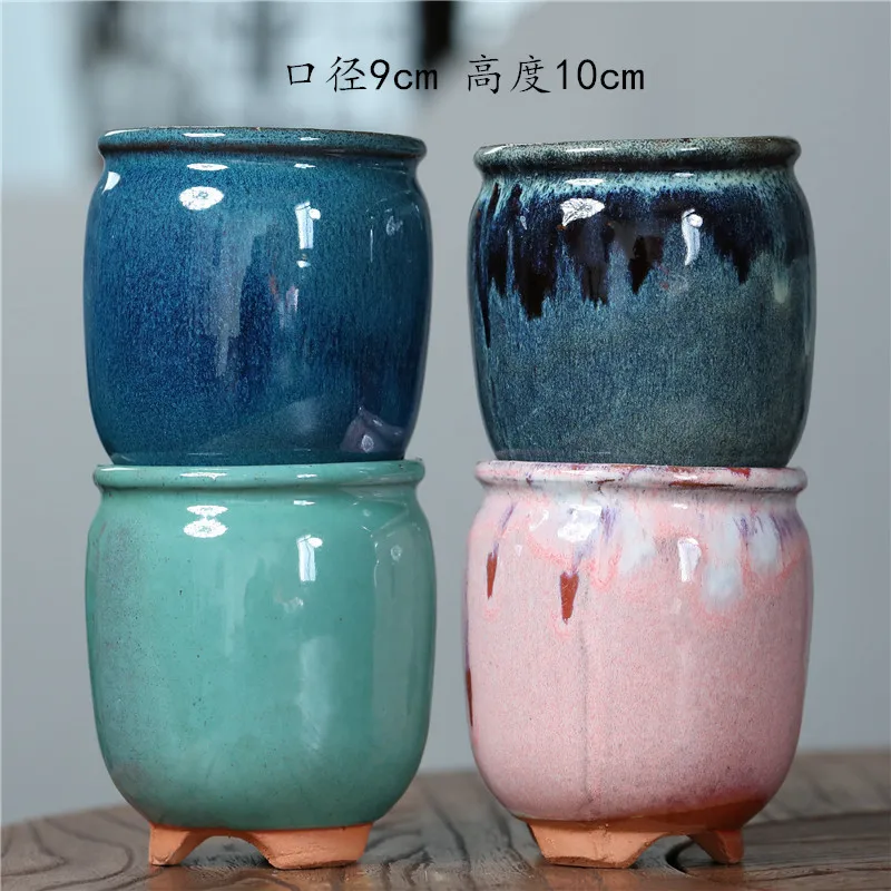 Coarse Pottery Colored Glaze Pots Balcony Plant Succulent Small FlowerPot with Feet Breathable Green Plant Root Bright Glaze