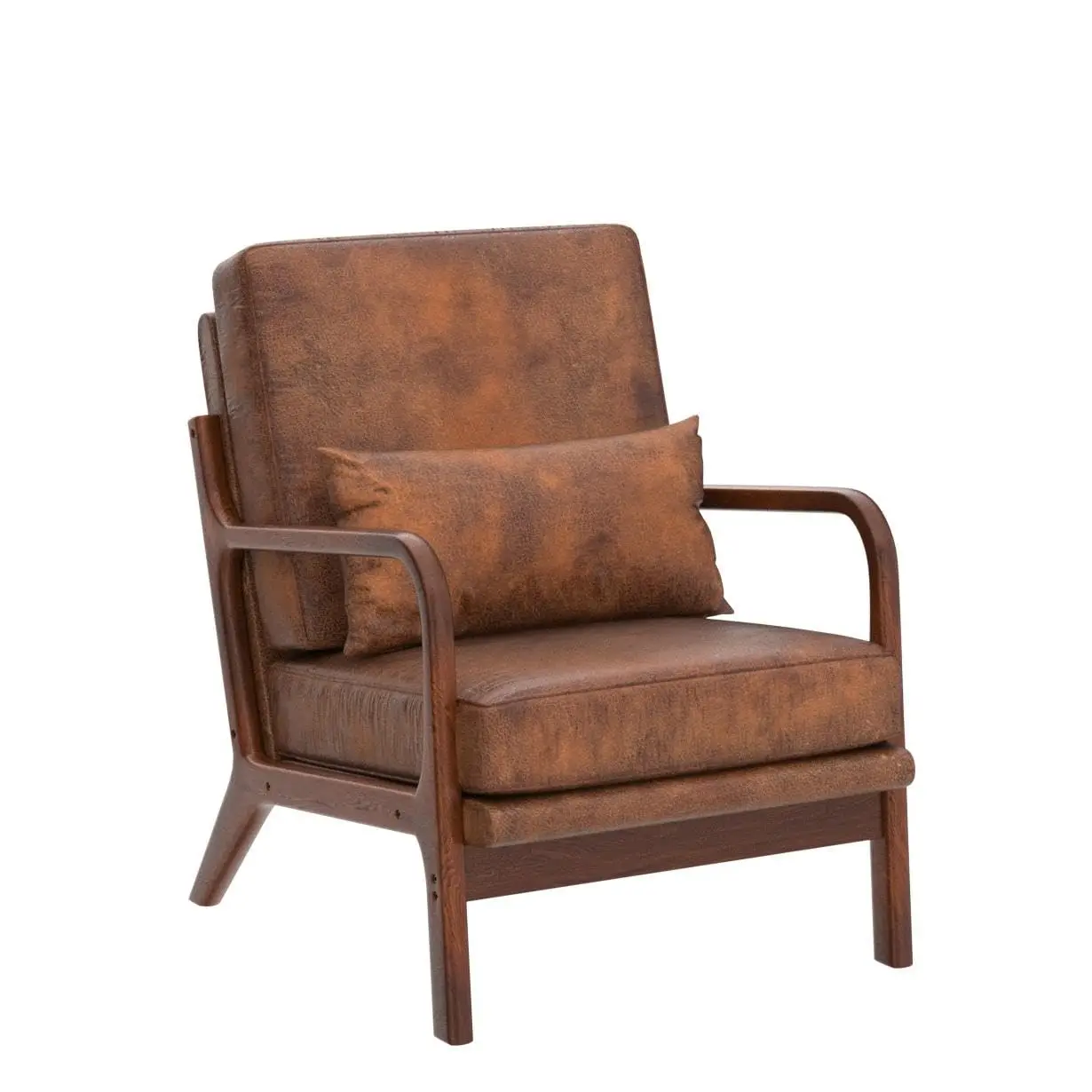 Mid Century Modern Accent Chair Set of 2 Living Room- Comfy Solid Wood Arm Chair with Lumber Pillow Lounge Decorative Brown Leat