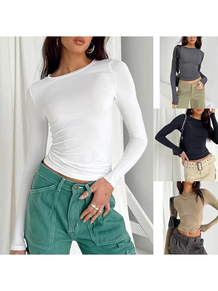 Women Casual Long Sleeve T-Shirts Spring Autumn Solid Slim Fit Pullovers Tees Shirts Female Streetwear Base Tees Tops  Casual