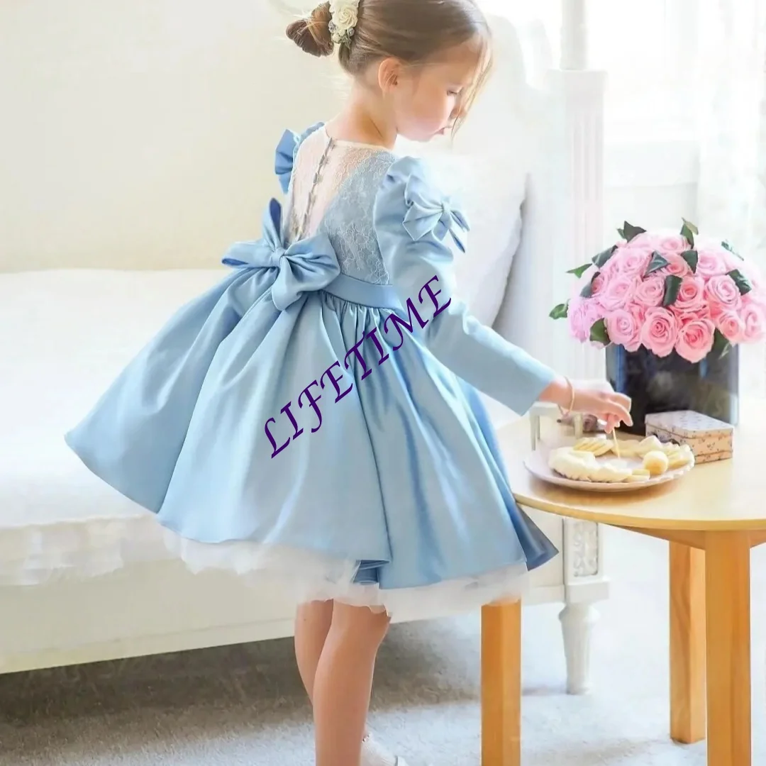 Customized Bow Knee-Length Skirt Long Sleeves Flower Girl Dress for Birthday Party Formal Receptions Dance Performances Wedding