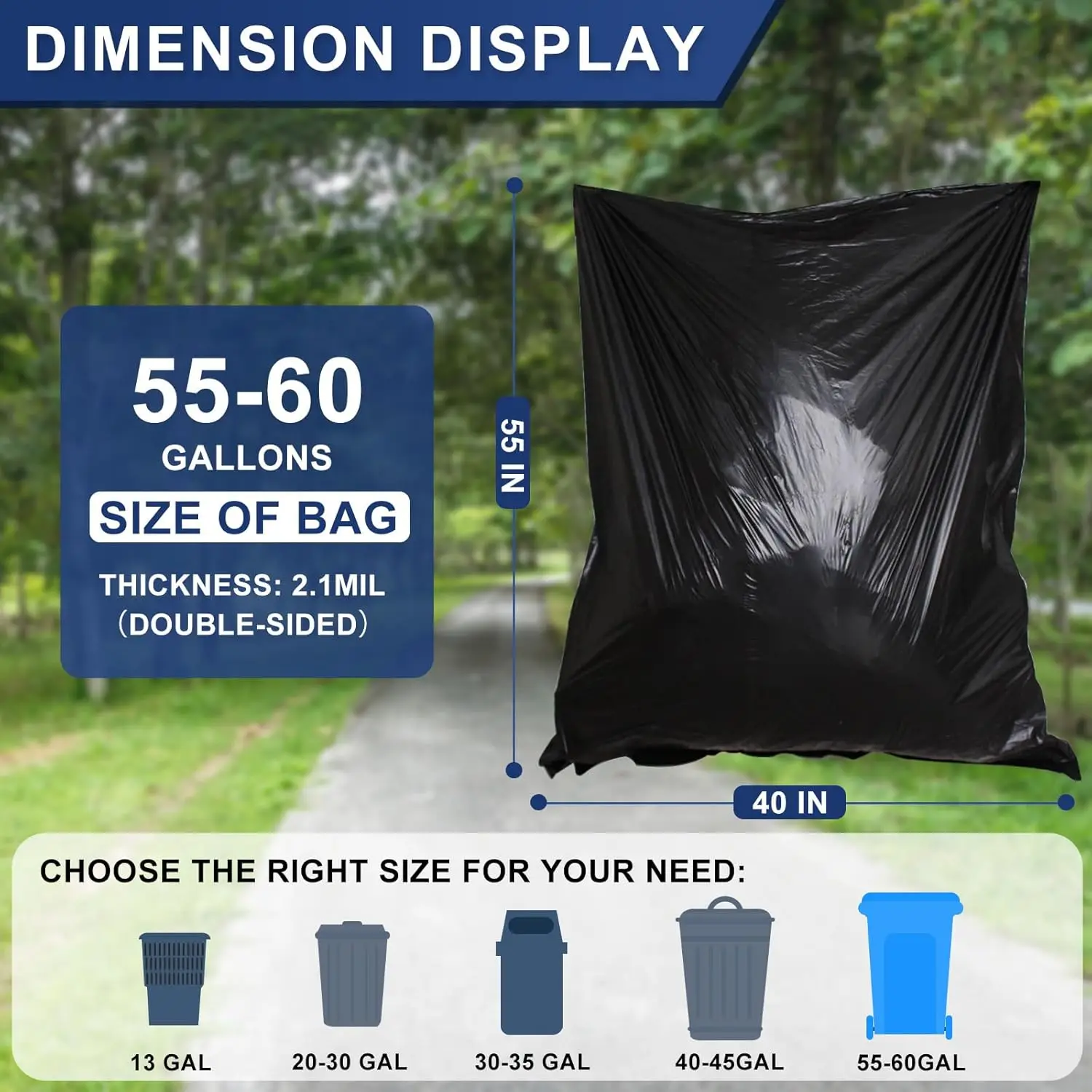 

55-60 Gallon Trash Bags Heavy Duty 2.1 Mil - 39''x55'' 100 Count Extra Thick Black Garbage Bags Unscented Strong Huge Can Liners