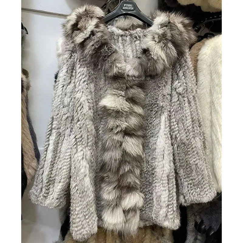 2023 New Women Knitted Real Rabbit Fur Coat With Real Fox Fur Collar Female Long Sleeve Autumn Luxury Genuine Rabbit Fur Jacket