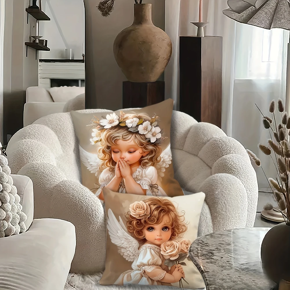 4PCS Little Angels Themed Pillowcase 4Pcs Beige White Wings Flower Garlands Double Sided Print for Sofa Home Decoration Gift