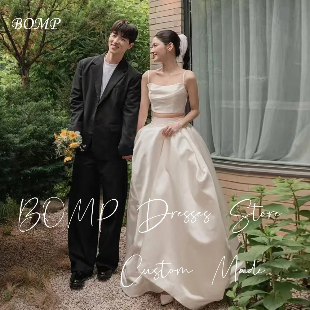 BOMP بسيط 2 قطعة فستان الزفاف السباغيتي حزام الطية طول الأرض الحرير العاجي التفتا كوريا صورة تبادل لاطلاق النار فستان زفاف مخصص