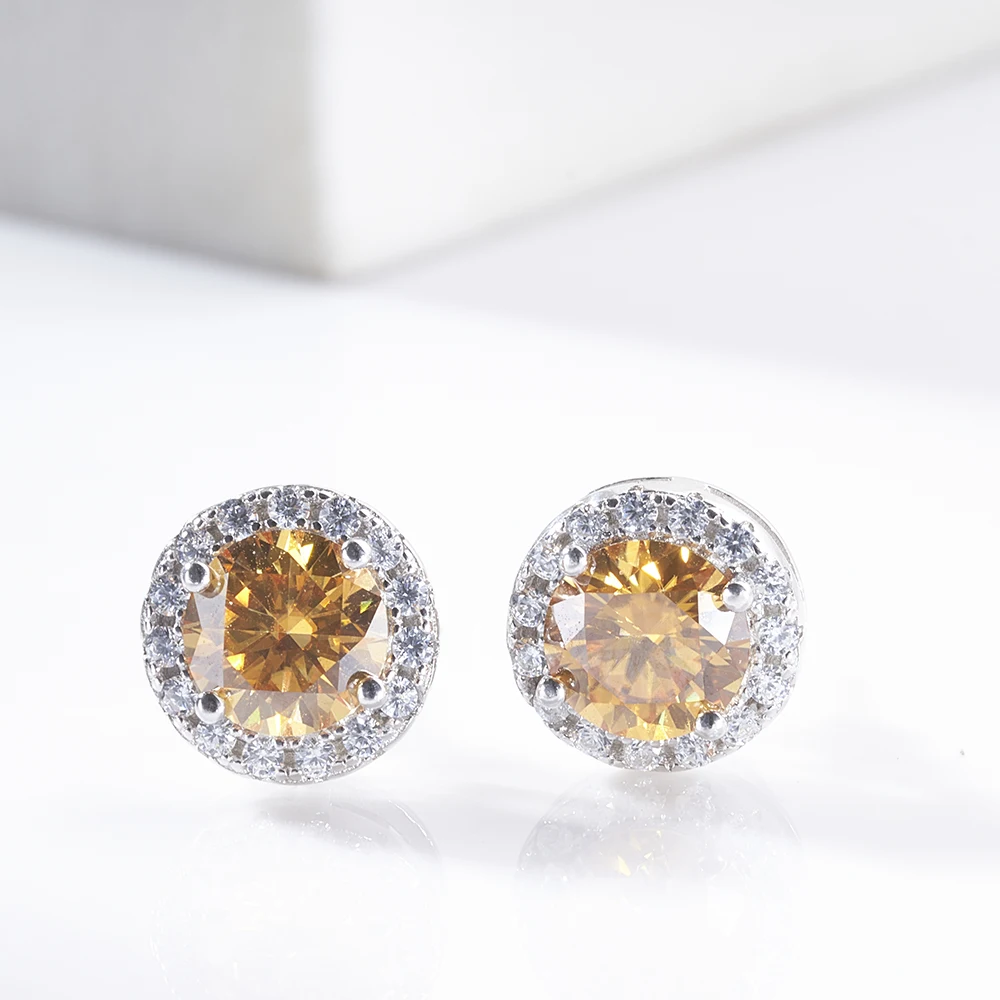 Real 925 Sterling Silver stub earring with  Round Cut 1.0ct D Color Moissanite Diamond Halo Stud Earrings for Women Jewelry Gift