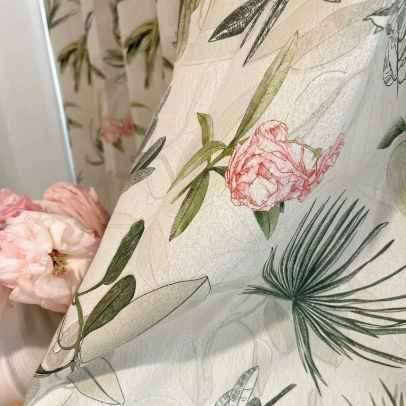 New American Style Pastoral Plant Printing Thickened Blackout Curtains for Living Room Bedroom French Window Customized Products