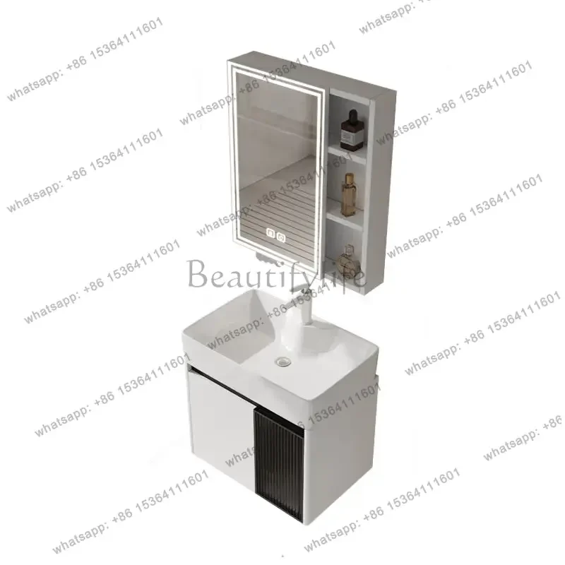 

Small apartment stainless steel bathroom cabinet combined wash basin ceramic integrated wash cabinet