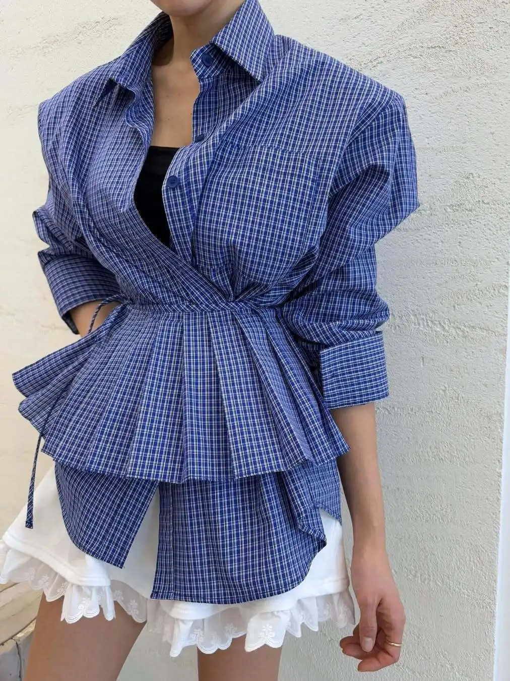 

Korean Retro Color Block Plaid Long Sleeve Women's Shirt Waist Cinch Tie Belted Skirt Design Sensation Outerwear