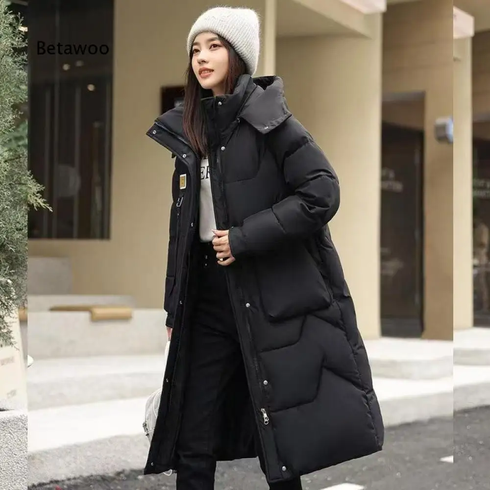 Hooded Zip Up Long Padded Coat Women Long Sleeve Oversized Side Pocket Decor Strap Warm Outerwear for Cold Winter Days