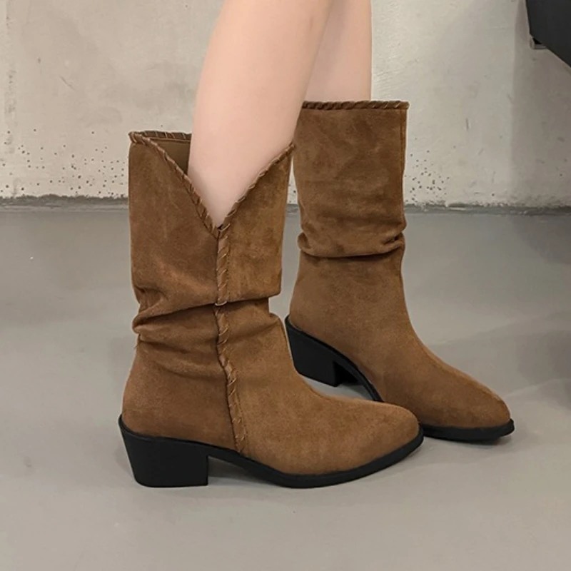 

2025 New Women Ankle Boots Winter Heeled Shoes Suede Pointed Toe Chunky Shoes Designer Trend Fashion Boots Woman Pumps Zapatos