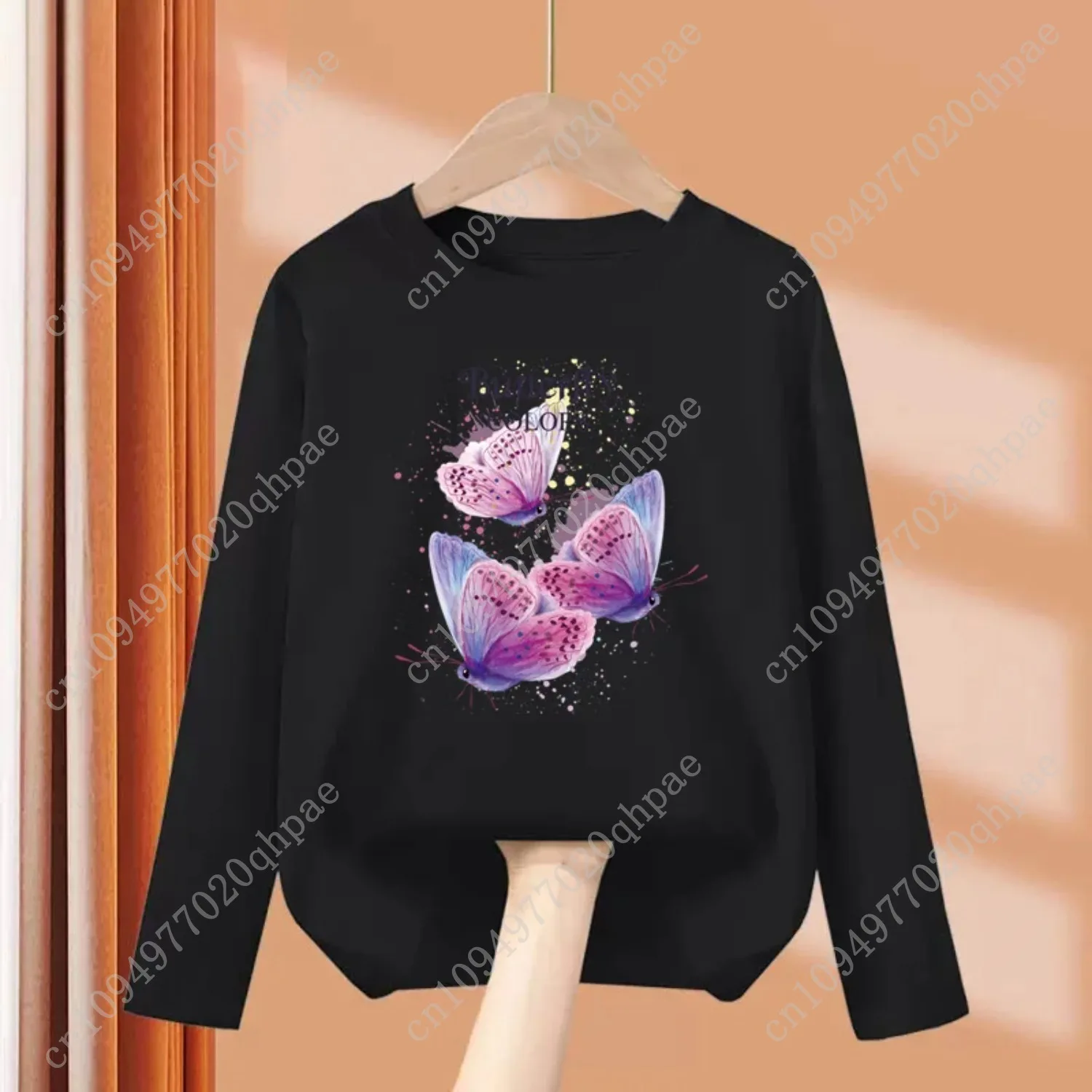 Novas meninas roupas de outono borboleta gráfico camiseta 3-14 idade criança manga comprida algodão topos moda marca t