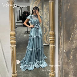 Verngo Vintage High Neck Silk Evening Dresses Arabic Floor Length Prom Dress Tiered Ruffles Formal Party Occasion Dress Vestidos