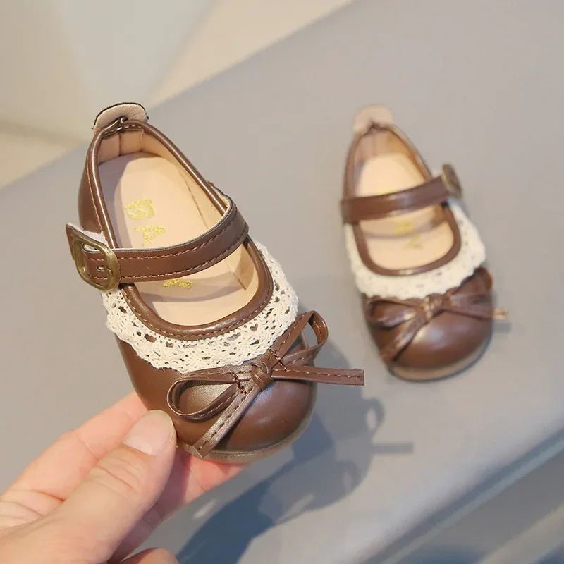 Girls Walking Shoes Sweet Lace Simple Bows Baby Princess Shoes Round Toes 2025 New Kids Leather Shoes Non-slip Soft Sole Flats