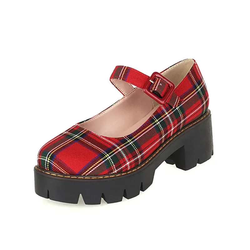 YQBTDL Nylon Leather Vintage Platform Plaid Mary Janes Pumps Women 2021 Four-Seasons High Heel Round Toe Goth Shoes Student New