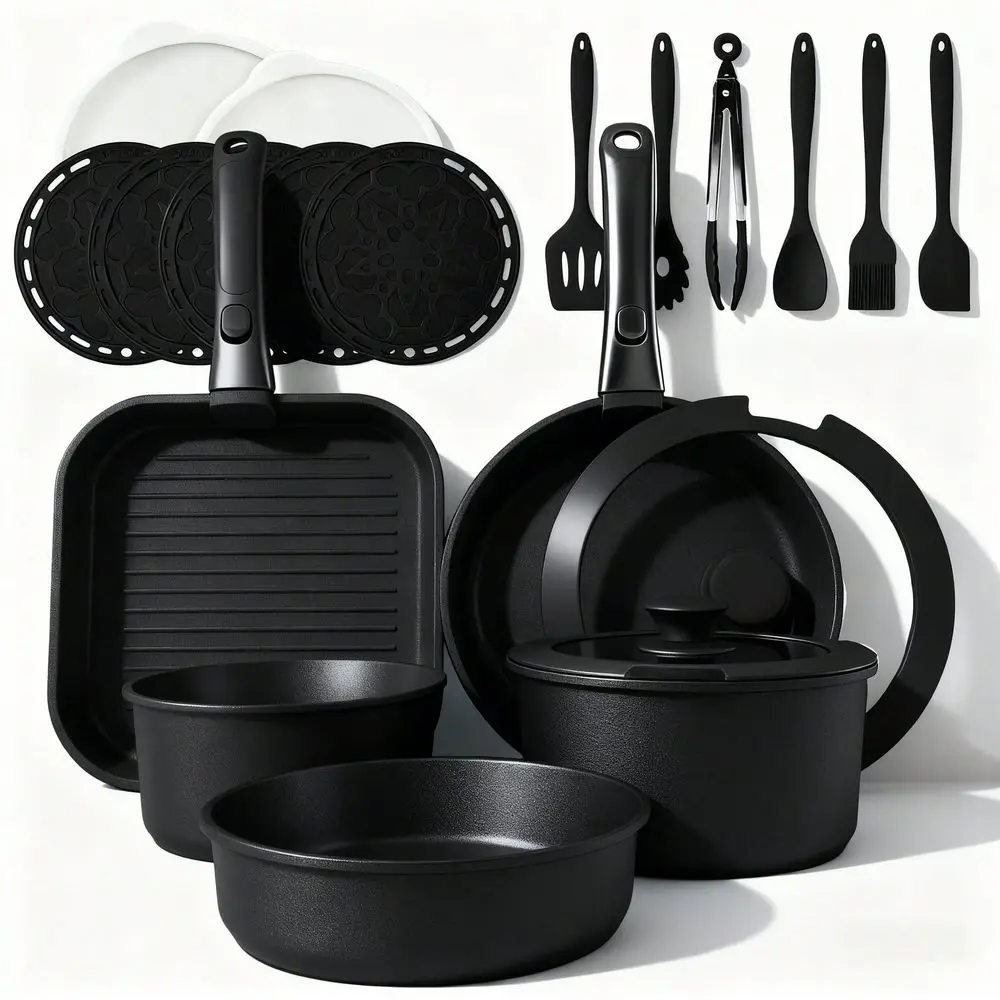 

7pcs 24 Pcs Pots And Pans Set Non Stick, Ceramic Cookware Set With Detachable Handles, Healthy Induction Cookware Oven RV Kitch