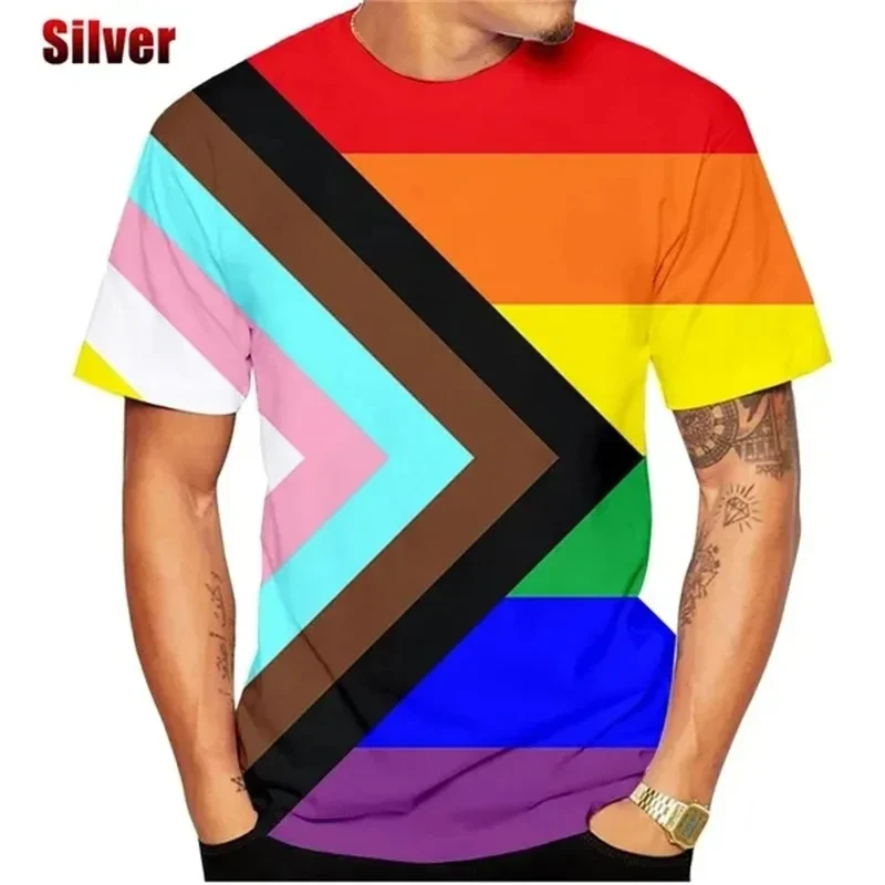 Camiseta estampada com padrão colorido de arco-íris 3D masculina, tamanho grande, personalizada, simples, tendência Hip Hop, manga curta, elegante