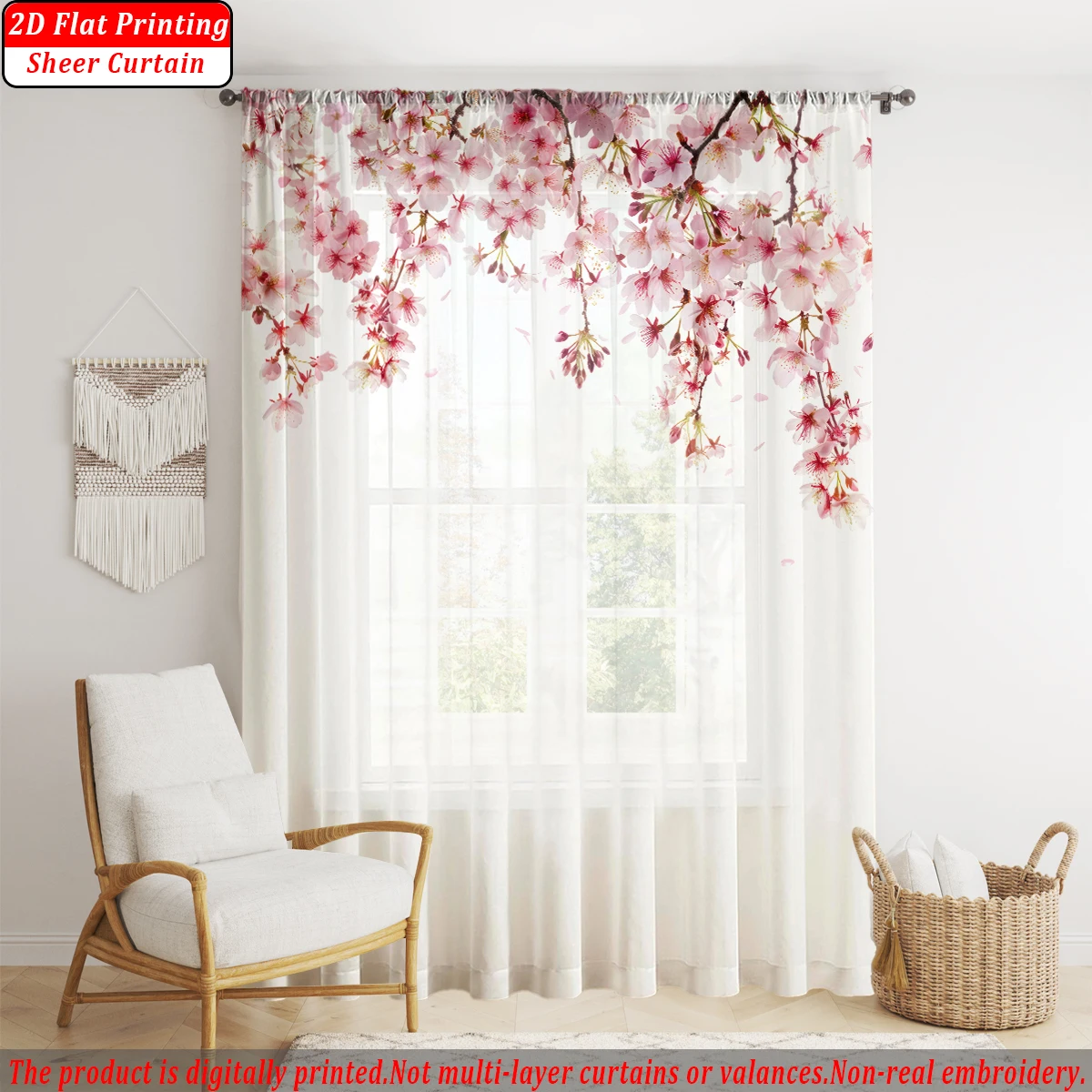Pink Cherry Blossoms Flat Printing Sheer Curtain，Light Fabric，for Living Room Bedroom Home Door and Window Decor