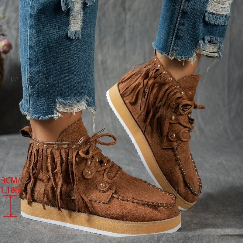 

Short Plush Thick-sole Women's Ankle Boots Tassels Suede Leather Autumn Winter Bootie Comfortable Shoes Plus Size 36-43 Botines