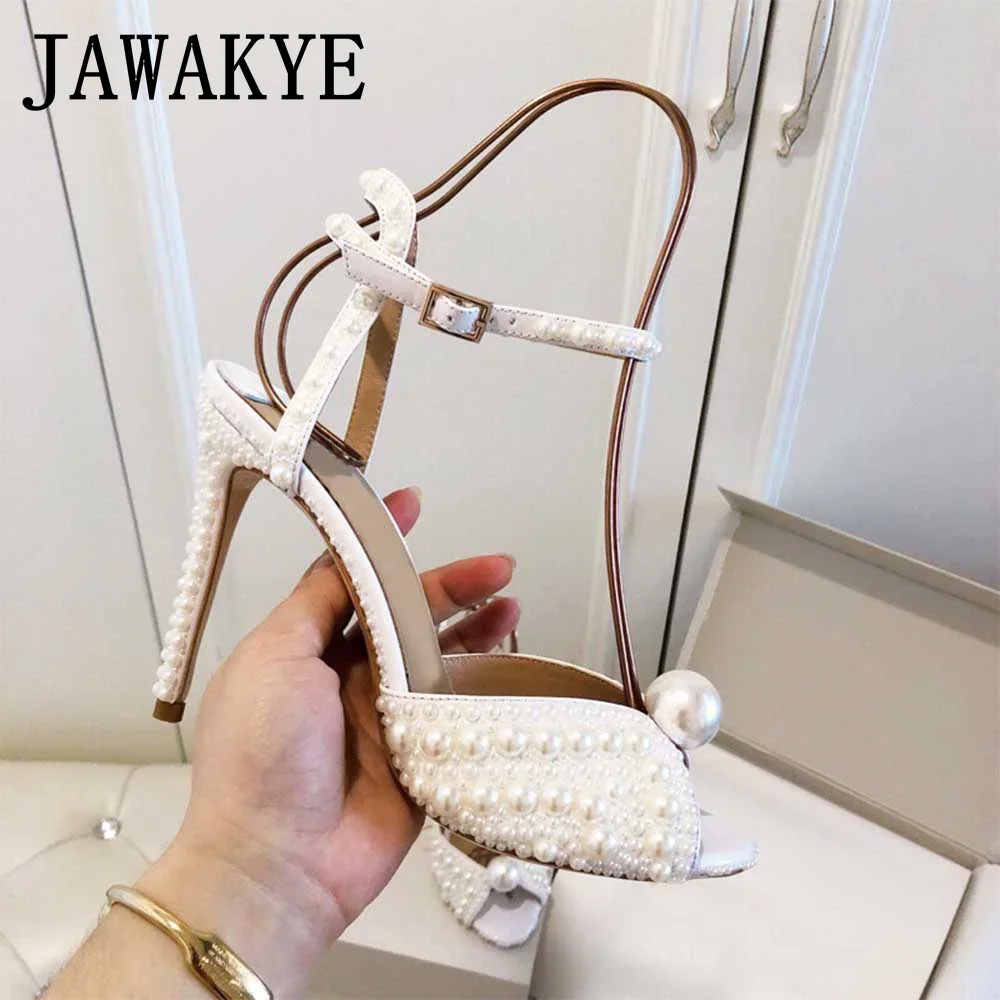 

Elegant Pearl Beaded High Heels Sandals Women Peep Toe White Party Runway Shoes High Quality Ivory Formal Dress Shoes Woman