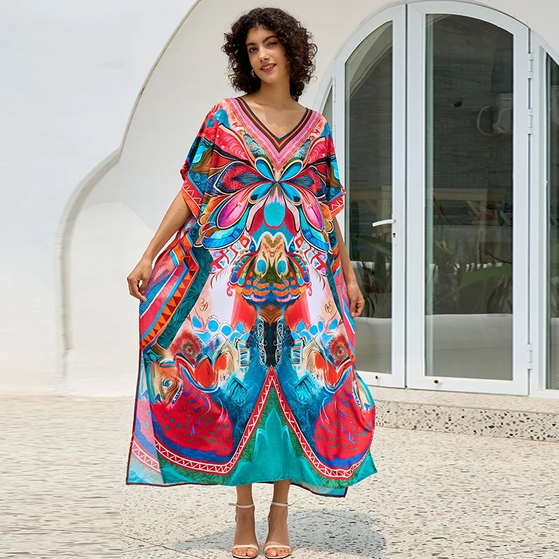 Mandala Kaftan Boho Chic ผู้หญิง Maxi ชุด Batwing Sleeve ขนาดใหญ่รีสอร์ทประเทศไทย Beach Cover Ups Seaside Tropical Caftan