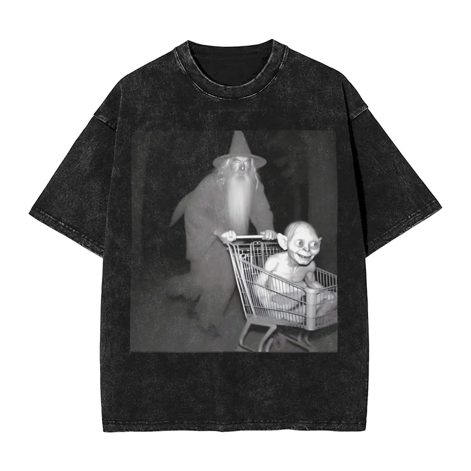 Washed T Shirts Wizard Pushing A Trolley With Creature Hip Hop T-Shirts Harajuku Streetwear Cotton Tops Tee Shirt for Men Women