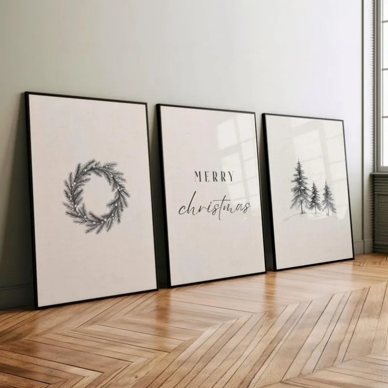 3Pcs Neutral Christmas Wall Art Set Sketch Pine Wreath Fir Tree Canvas Print Merry Christmas Quote Minimalist Nordic Home Decor