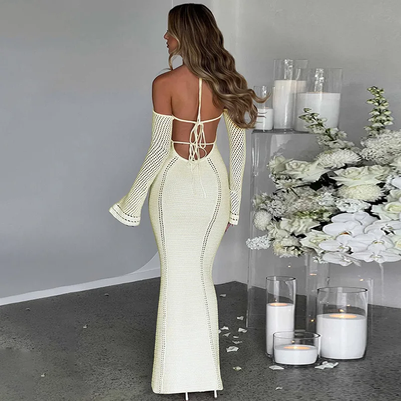 Cryptografische Off Shoulder Halter Gebreide Jurk Outfits Voor Dames Lange Mouwen Elegante Sexy Rugloze Stropdas Voorkant Maxi Jurken Vestido