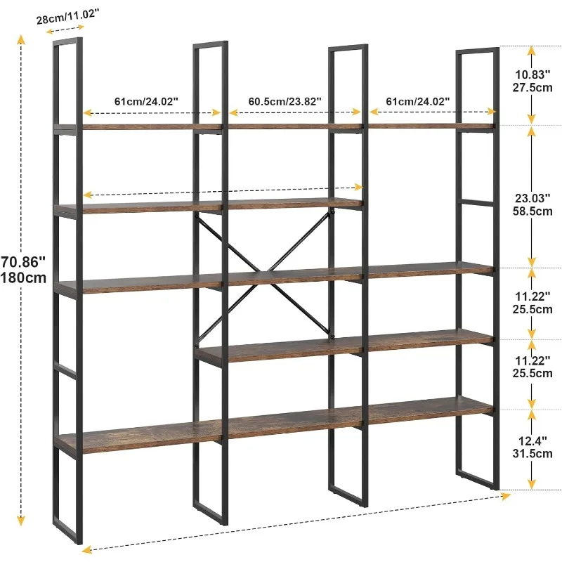 Large Bookshelf 5 Tiers, Triple Wide Geometric Bookcase, 71 Inches Tall Industrial Book Shelves Etagere Book Case