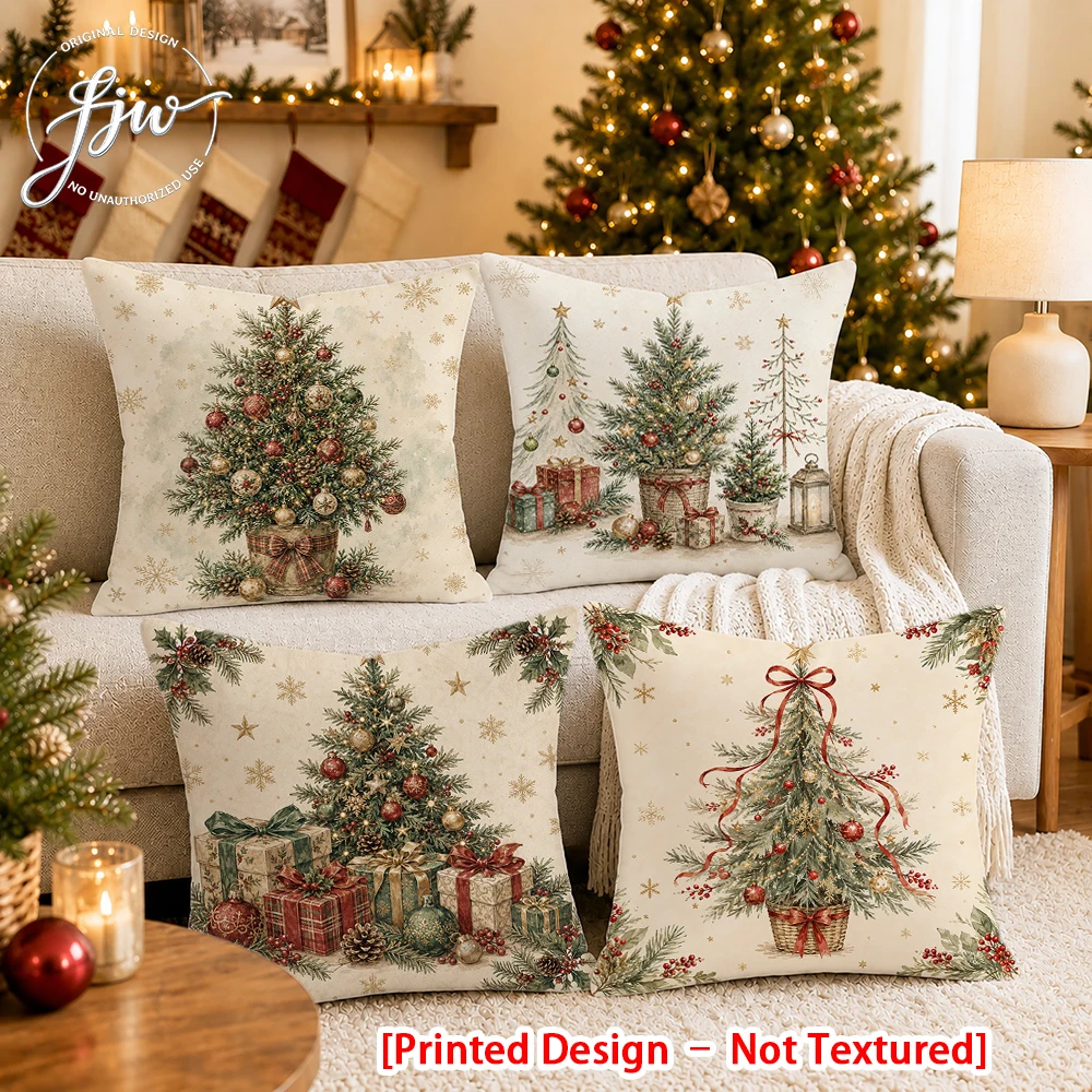 [Printed Design – Not Textured]-4pcs Christmas Throw Pillow Covers Winter Holiday Decor New Year party decoration cushion Cover