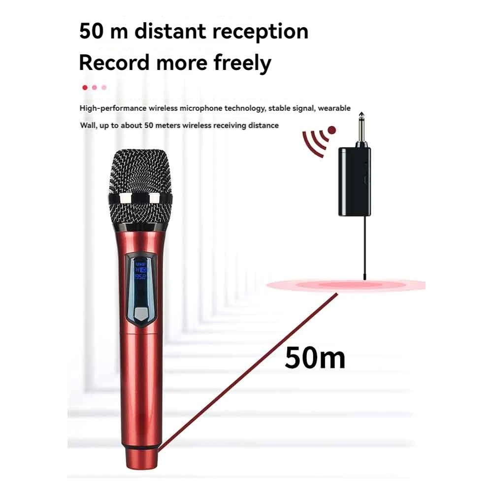 ميكروفون لاسلكي نظام ميكروفون ديناميكي معدني مع جهاز استقبال قابل لإعادة الشحن لحفلات الكاريوكي والغناء