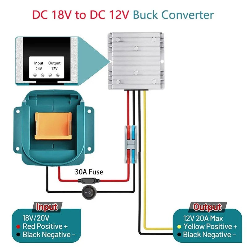 понижающий преобразователь постоянного тока 18/20 В на 12 В для литий-ионного аккумулятора Makita 18 В 240 Вт 20 А с переключателем 30 А предохранитель DIY адаптер питания для игрушечных машин