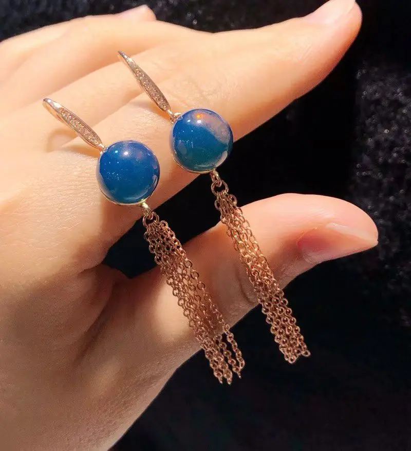 certificated-925-silver-natural-mexican-blue-amber-9-10mm-beaded-tassel-long-stud-earring-for-women-blue-gems-rare-jewelry