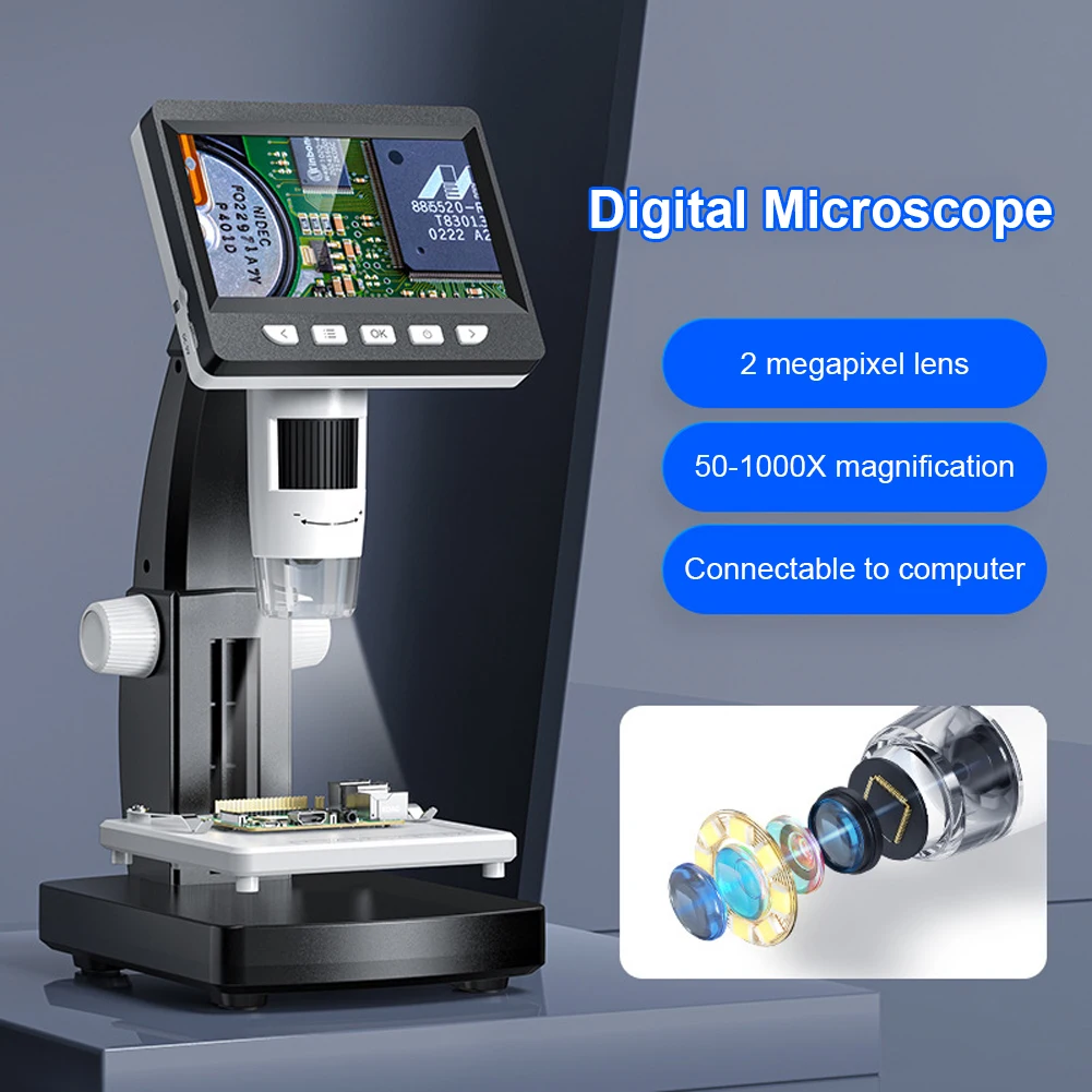 1000X Digital Microscope Electronic Microscope 2MP 1080P 4.3inch Screen Soldering Coin Microscope PC View Windows/Mac Compatible